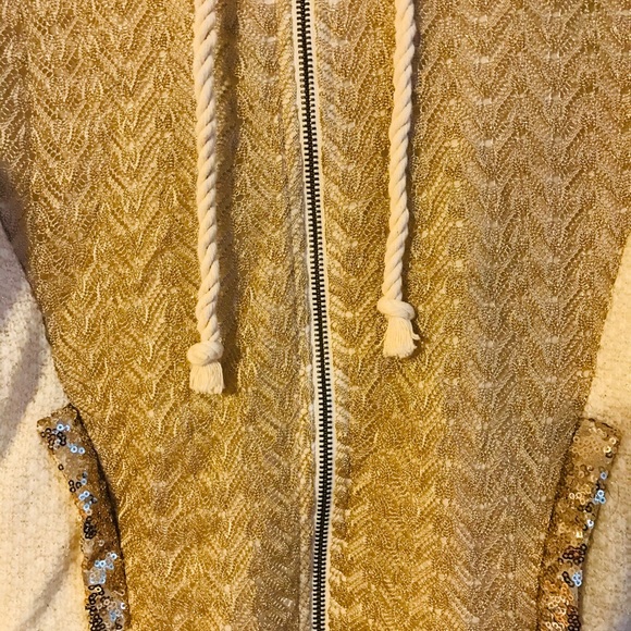 Miss Me Small Gold Ivory Cream Zip Hooded Sweater - Picture 2 of 8